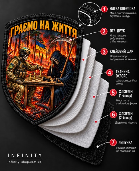 Шеврон &laquo;Граємо на життя &mdash; перемога над Смертю&raquo; на липучці (щит) S-WP-0008-V1 фото