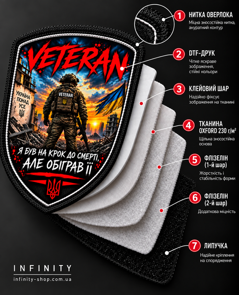 Шеврон &laquo;VETERAN &mdash; обіграв її&raquo; на липучці (щит) S-WP-0006-V2 фото